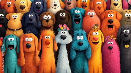   A pack of cartoon dogs gathered together, facing an audience of canines with wide-open maws photo