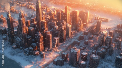A towering cityscape blanketed in snow, with buildings clad in self-heating materials that shimmer in the sunlight.
