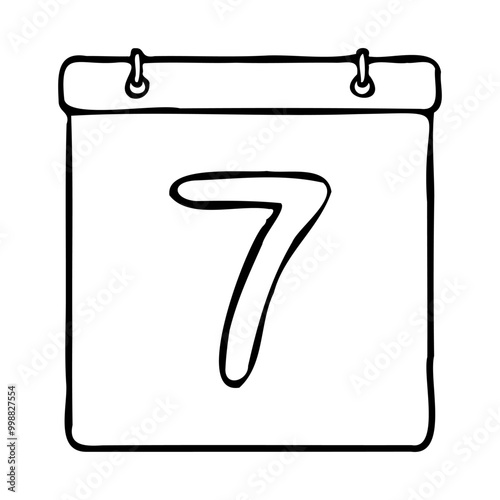Black and white outline calendar icon. Hand drawn calendar icon image. Calendar icon concept. Calendar icon at 7th date. Fun and cute calendar design. Perfect for kids themed design, business concept