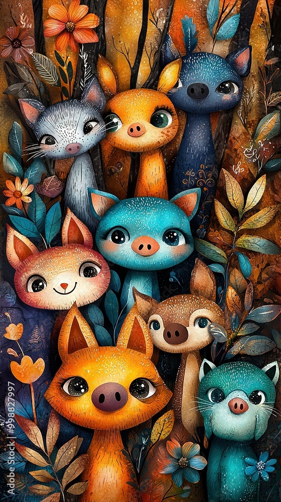 Fototapeta premium Foxes in foliage - an image of a fox group amidst leaves and flowers, with foliage at the bottom