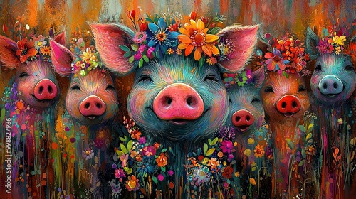  A painting of three pigs wearing flower crowns and one pig with a single flower on its head