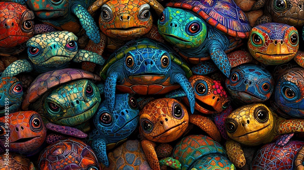 Fototapeta premium A vibrant cluster of sea turtles perched together atop a mound of similarly hued shells