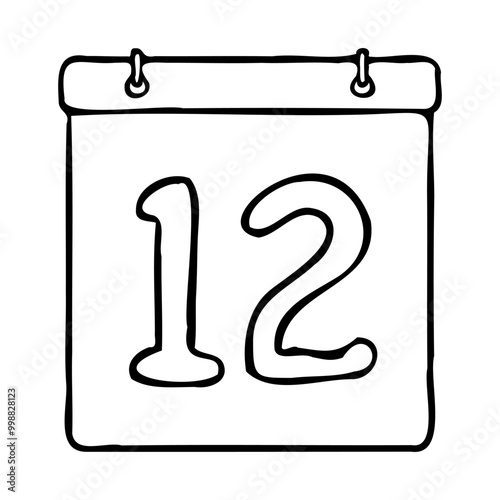 Black and white outline calendar icon. Hand drawn calendar icon image. Calendar icon concept. Calendar icon at 12th date. Fun and cute calendar design. Perfect for kids themed design, business concept