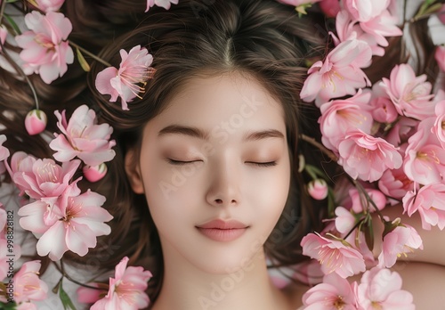 A serene woman lies peacefully among delicate pink flowers, capturing tranquility in a soft setting with natural beauty