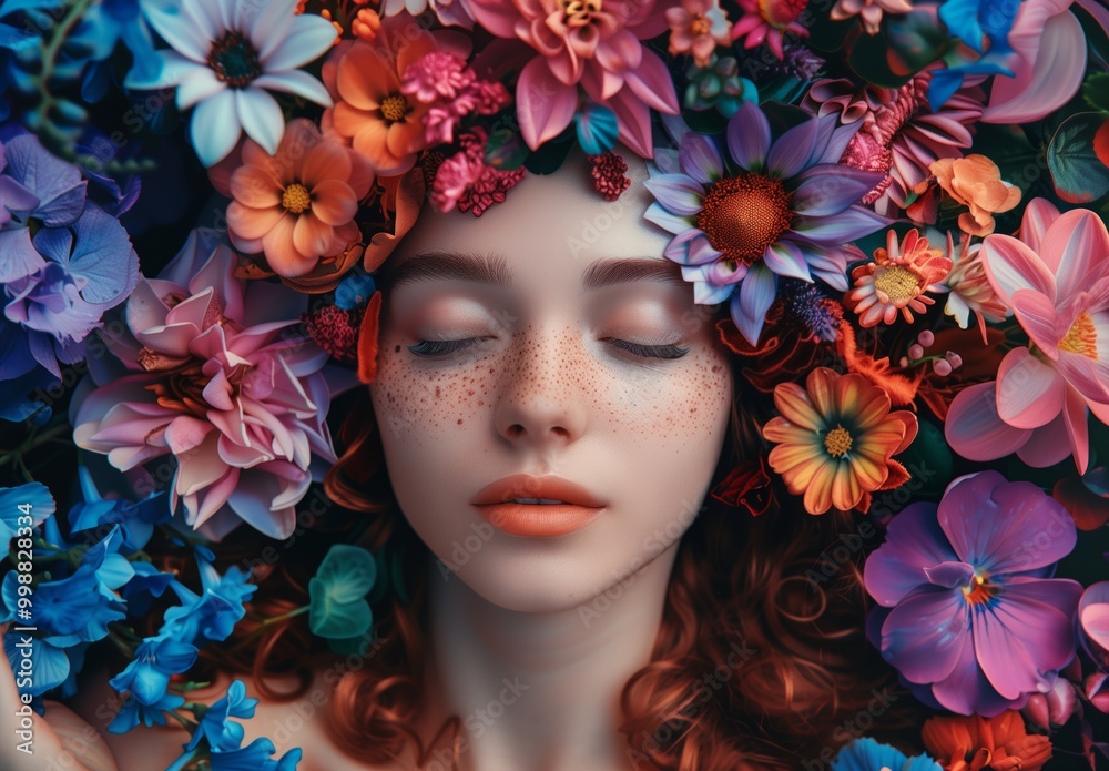 A red-haired woman with freckles is surrounded by colorful flowers, embodying natural beauty and tranquility in a serene setting