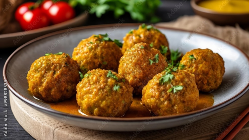 Deliciously golden meatballs in sauce ready to be savored Deliciously golden meatballs in sauce ready to be savored