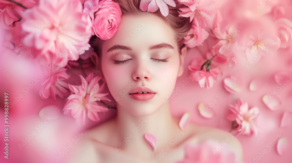 A serene moment with a young woman surrounded by pink flowers, creating a peaceful atmosphere in a floral setting A serene moment with a young woman surrounded by pink flowers, creating a peaceful atmosphere in a floral setting