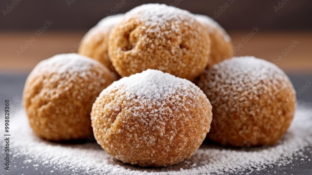 Sweet indulgence Powdered sugarcoated doughnuts Sweet indulgence Powdered sugarcoated doughnuts
