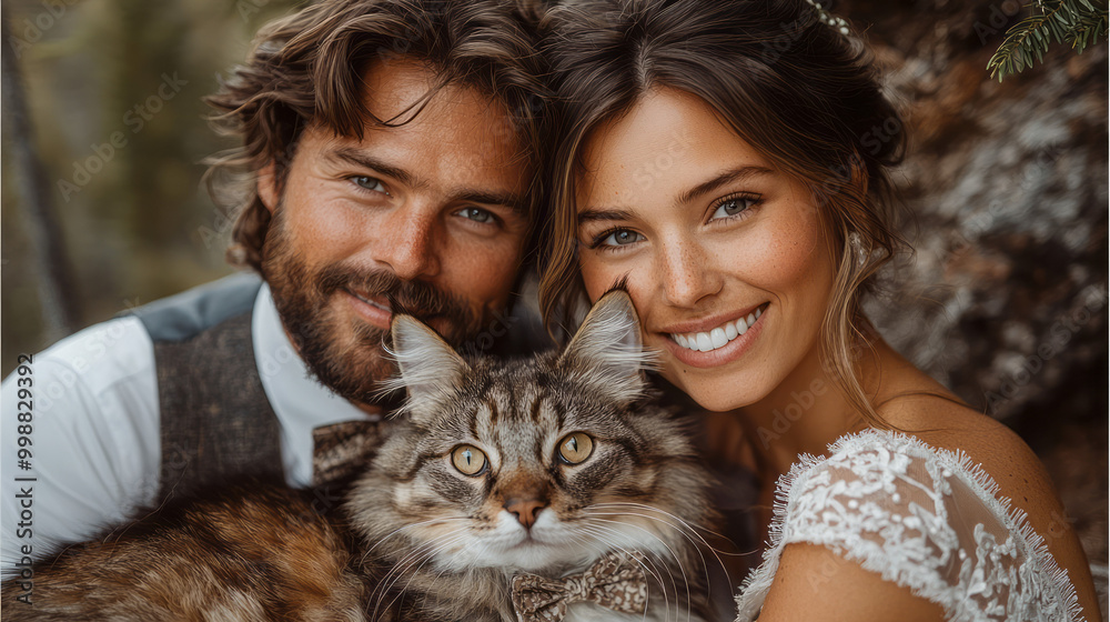 A whimsical mountain wedding, with a cat and dog wearing matching bow ties, A whimsical mountain wedding, with a cat and dog wearing matching bow ties,