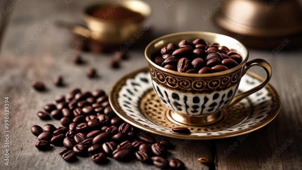 Fototapeta premium Elegant coffee cup saucer and beans on wooden table