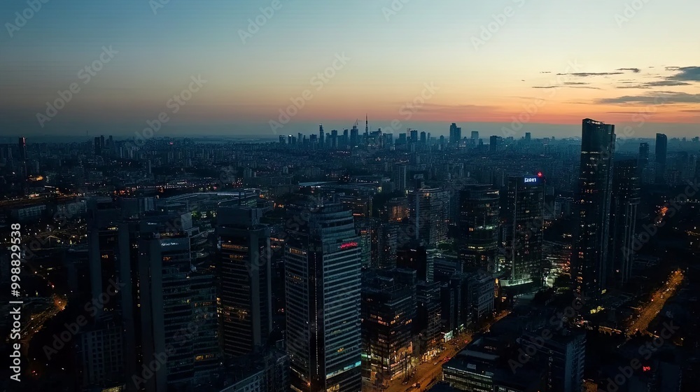 Aerial view of a city skyline at dusk, tall skyscrapers, vibrant urban landscape, evening lights. Aerial view of a city skyline at dusk, tall skyscrapers, vibrant urban landscape, evening lights.
