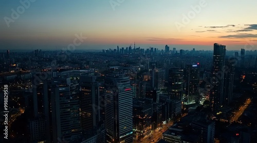 Wallpaper Mural Aerial view of a city skyline at dusk, tall skyscrapers, vibrant urban landscape, evening lights. Torontodigital.ca