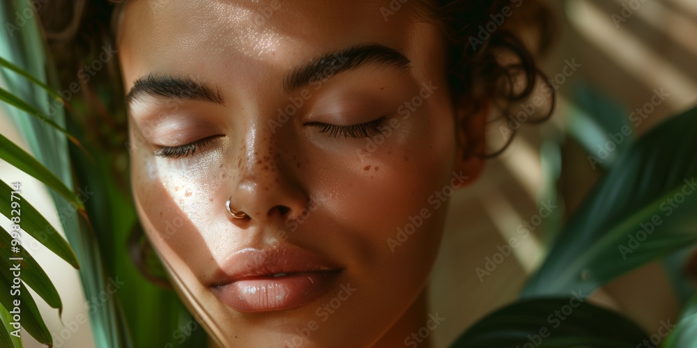 A woman with curly hair and freckles enjoys natural light while surrounded by green plants in a serene indoor setting A woman with curly hair and freckles enjoys natural light while surrounded by green plants in a serene indoor setting