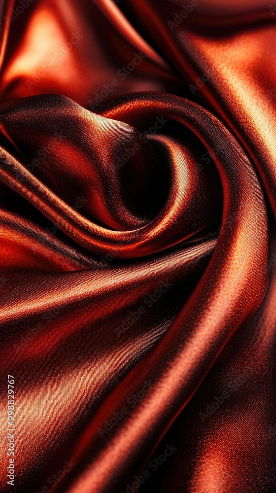 Fototapeta premium A close-up of a red satin fabric with a wavy pattern at its center appears in a fabric store
