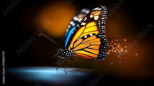 A tight shot of a butterfly mid-flight against a softly blurred background Yellow light illuminates from behind