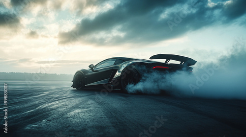 A sleek black sports car performs a drift on a race track, creating smoke and capturing the intensity of high-speed driving.
