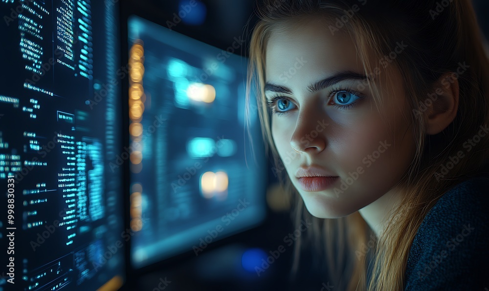 Female cyber security analyst analyzing AI cyberspace threats on computer in dark tech office data centre. Blue lighting. IT specialist ethical hacking Female cyber security analyst analyzing AI cyberspace threats on computer in dark tech office data centre. Blue lighting. IT specialist ethical hacking