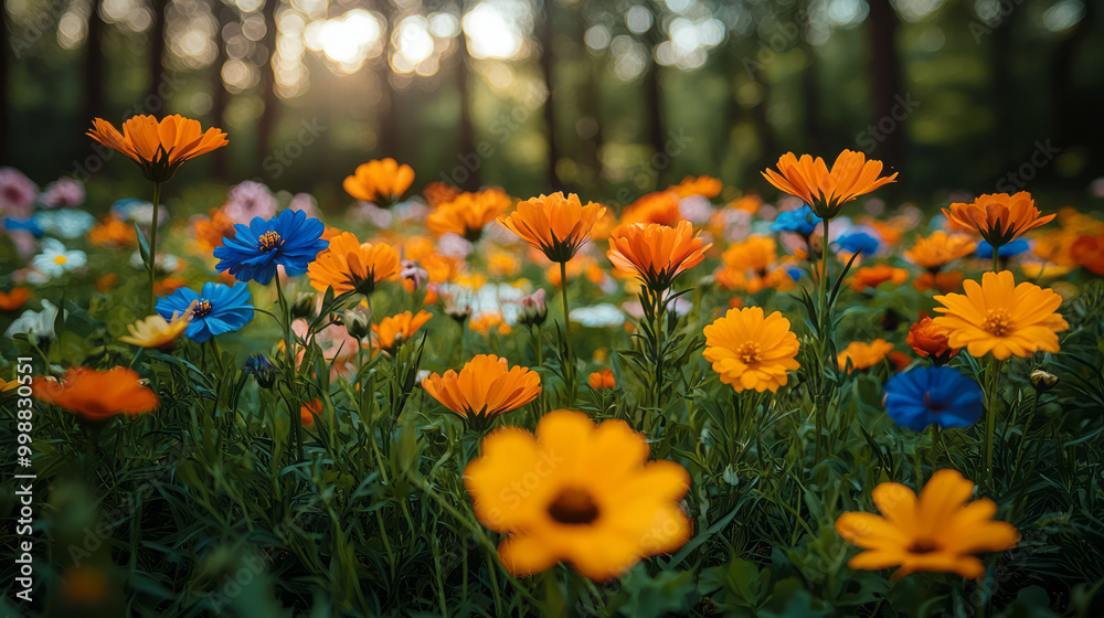 Obraz premium A meadow filled with colorful spring blooms surrounded by towering trees, with a soft breeze gently rustling the petals,
