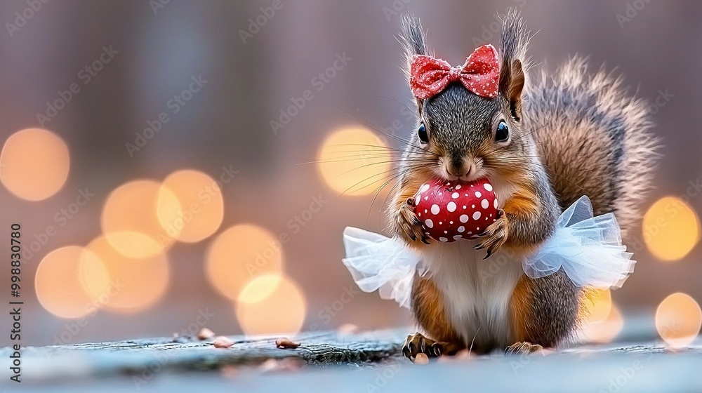 A squirrel wearing a red bow holds a red and white ball in its paws A squirrel wearing a red bow holds a red and white ball in its paws