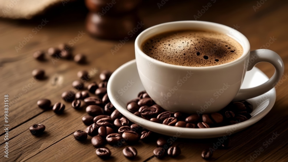 Espresso in a white cup surrounded by coffee beans on a wooden table Espresso in a white cup surrounded by coffee beans on a wooden table