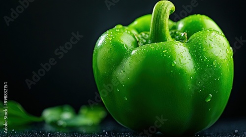  Close-up of green pepper with droplets on black background