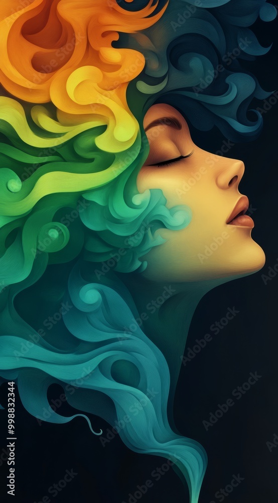 A painting of a woman with a multicolored wave of hair cascading over her head A painting of a woman with a multicolored wave of hair cascading over her head