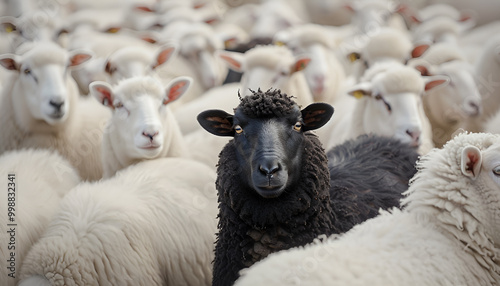 A black sheep stands out among a flock of white sheep, symbolizing the concept of an outsider introvert