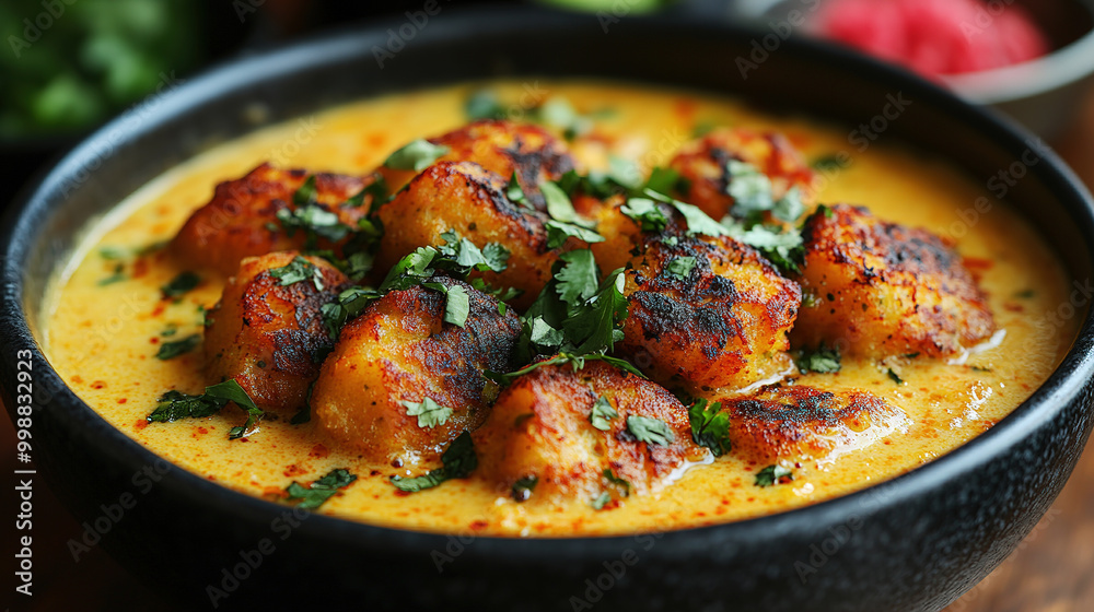 Creamy kadhi pakora . The golden yellow kadhi with soft pakoras. Generative AI Creamy kadhi pakora . The golden yellow kadhi with soft pakoras. Generative AI