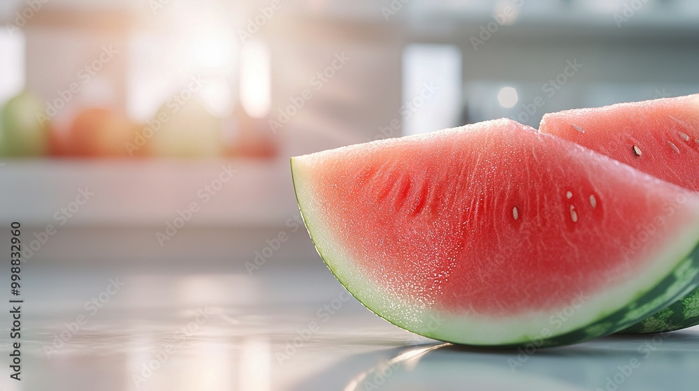 A watermelon slice on a white countertop with a nearby watermelon A watermelon slice on a white countertop with a nearby watermelon