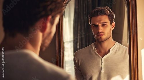 erious man looking at the mirror at home photo