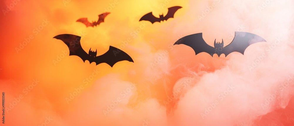Silhouetted bats fly across an orange foggy sky, creating a spooky and atmospheric Halloween backdrop with a fiery glow. Silhouetted bats fly across an orange foggy sky, creating a spooky and atmospheric Halloween backdrop with a fiery glow.