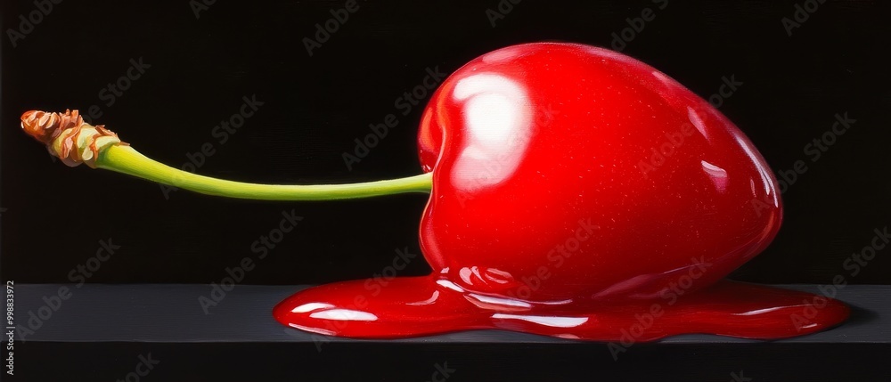 A red apple with a green stem protruding from its center against a black backdrop A red apple with a green stem protruding from its center against a black backdrop