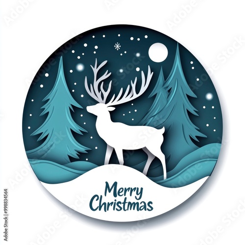 Minimalist paper-cut of a deer in the snow, with the text Merry Christmas on a white background, using a blue and dark grey color scheme.