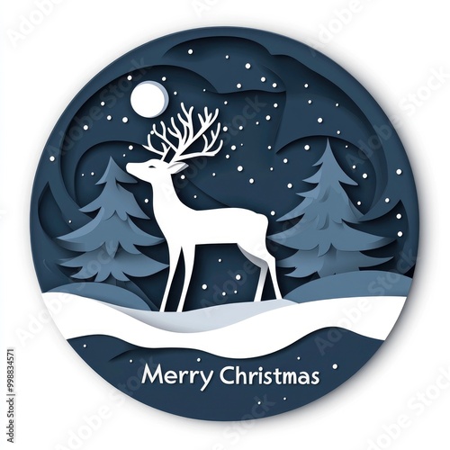 Minimalist paper-cut of a deer in the snow, with the text Merry Christmas on a white background, using a blue and dark grey color scheme.