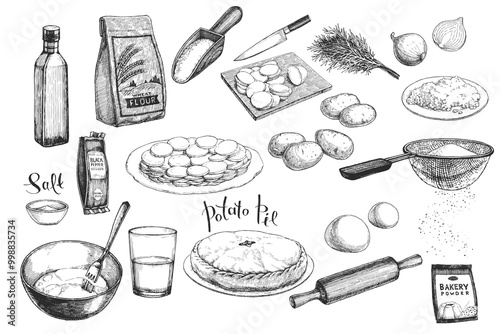 Vector hand-drawn illustration of culinary recipe in engraving style. Sketches of flour, oil, potatoes, onions and other ingredients and equipment for making potato pie.