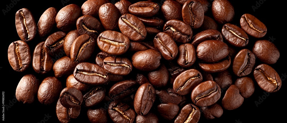 Obraz premium A line of coffee beans rests on a black surface, their ends marked by a yellow stripe