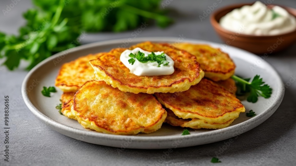 Delicious goldenbrown pancakes with a dollop of sour cream and fresh herbs Delicious goldenbrown pancakes with a dollop of sour cream and fresh herbs