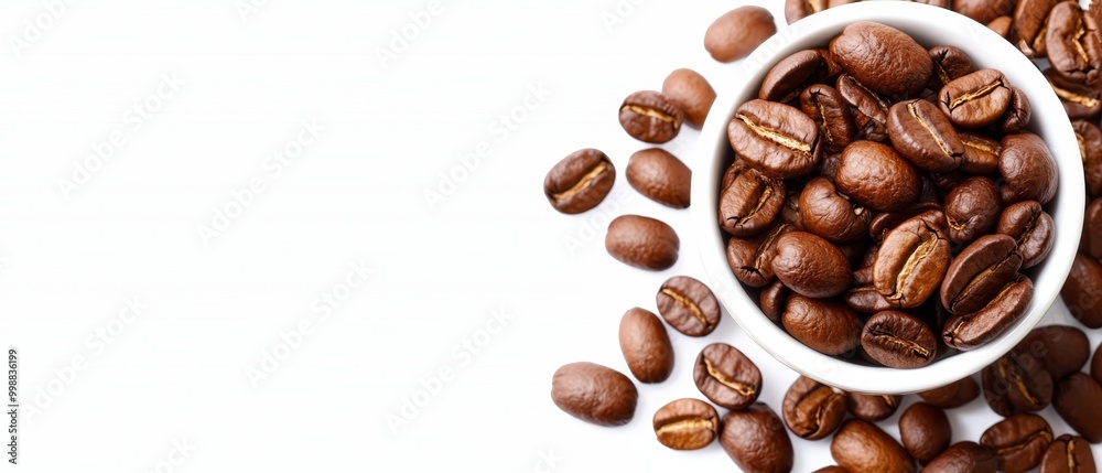 Fototapeta premium A white table holds a bowl filled with coffee beans, while nearby rests an additional pile of roasted coffee beans