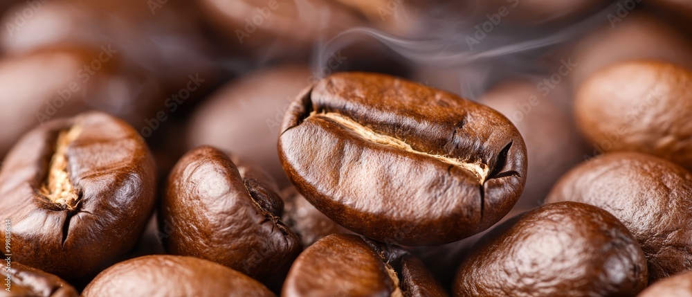 Obraz premium A mound of roasted coffee beans exhaling steam from their tops