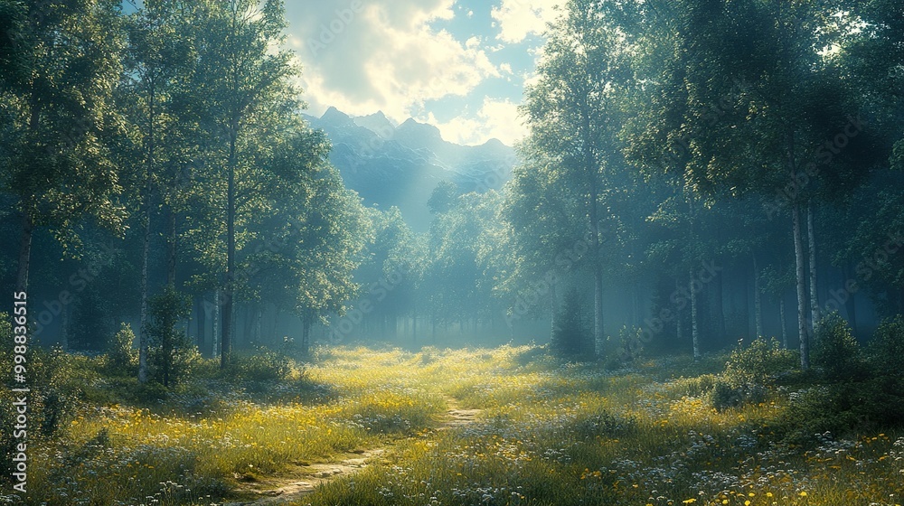 Sunlit Forest Path - Tranquil Meadow Landscape Sunlit Forest Path - Tranquil Meadow Landscape
