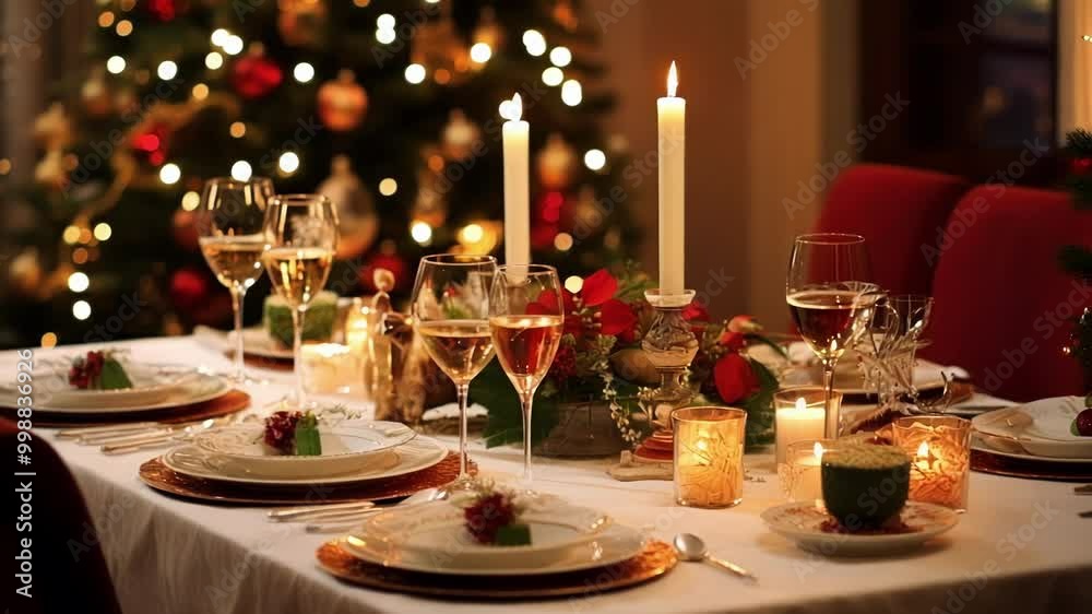 Festive table setting is ready for christmas dinner with lit candles and sparkling wine glasses, illuminated by the warm glow of the christmas tree lights Festive table setting is ready for christmas dinner with lit candles and sparkling wine glasses, illuminated by the warm glow of the christmas tree lights