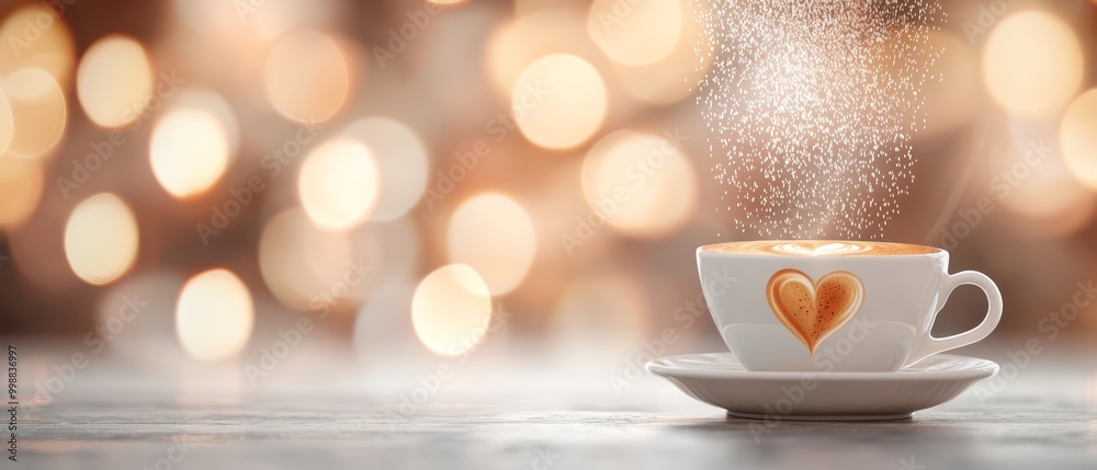 A cappuccino with a heart design sits on a saucer, in front of a row of lights A cappuccino with a heart design sits on a saucer, in front of a row of lights