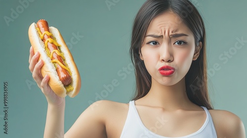 Diet asian young woman hand push out, refuse hot dog photo