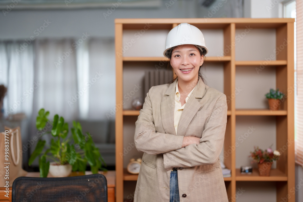 Asian female architect wearing white hard hat smiling while giving thumbs up in office wearing beige blazer bookshelf professional woman in thirties in work environment modern architecture industry Asian female architect wearing white hard hat smiling while giving thumbs up in office wearing beige blazer bookshelf professional woman in thirties in work environment modern architecture industry