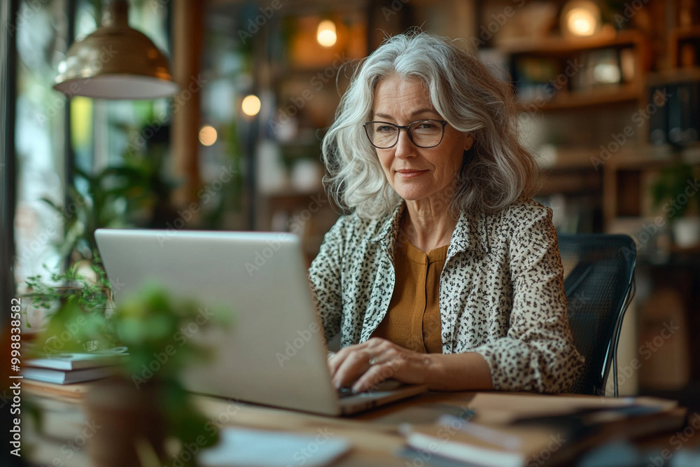 Elderly woman working on laptop at office desk
Elderly woman working on laptop at office desk