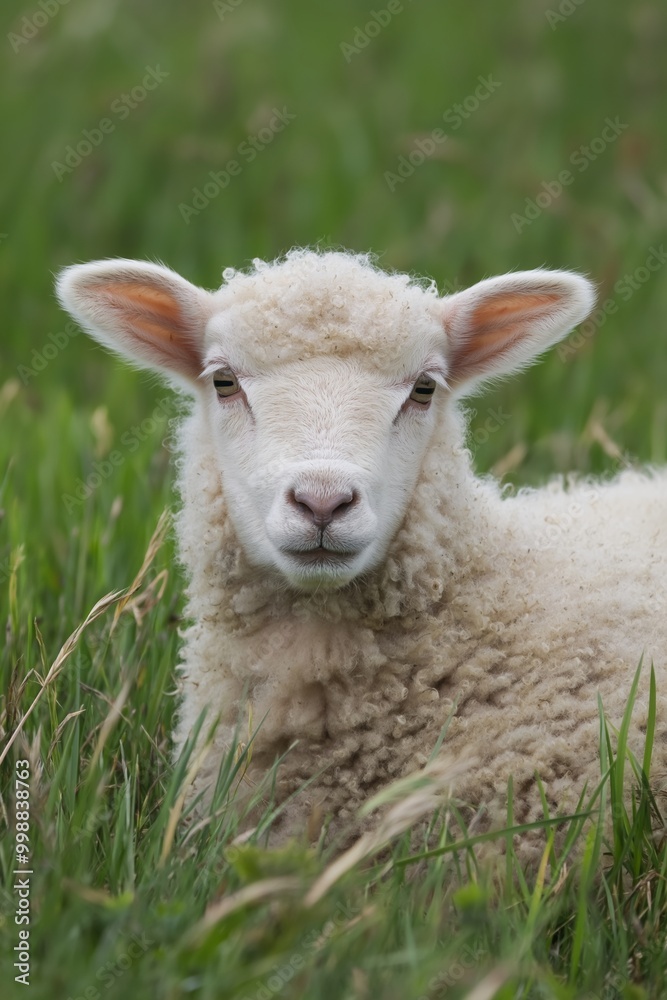 Fluffy lamb standing and looking at the camera amidst lush green grass, evoking simplicity and nature's beauty. Fluffy lamb standing and looking at the camera amidst lush green grass, evoking simplicity and nature's beauty.