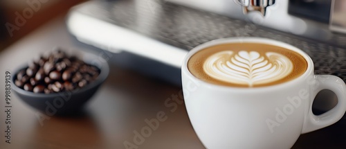  A cappuccino on a saucer, nearby a bowl of beans, and a cup of coffee on a table photo