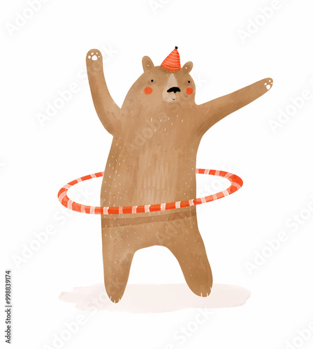 Cute Bear Playing Hula Hoop. Brown Hand-painted Teddy Bear in a Red Party Hat on a White Background. Lovely Nursery Art with Playful Bear ideal for Wall Art, Poster, Card. Happy Woodland Animal. 
