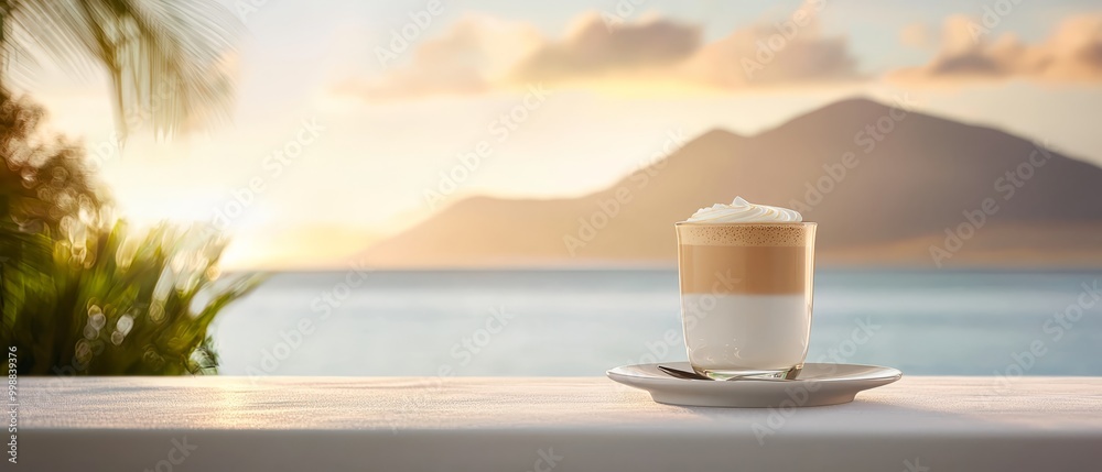 A cappuccino with whipped cream on a saucer, situated on a table, overlooking the ocean A cappuccino with whipped cream on a saucer, situated on a table, overlooking the ocean