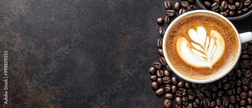  A cup of cappuccino with a heart design on its foamy top, encircled by coffee beans against a dark backdrop